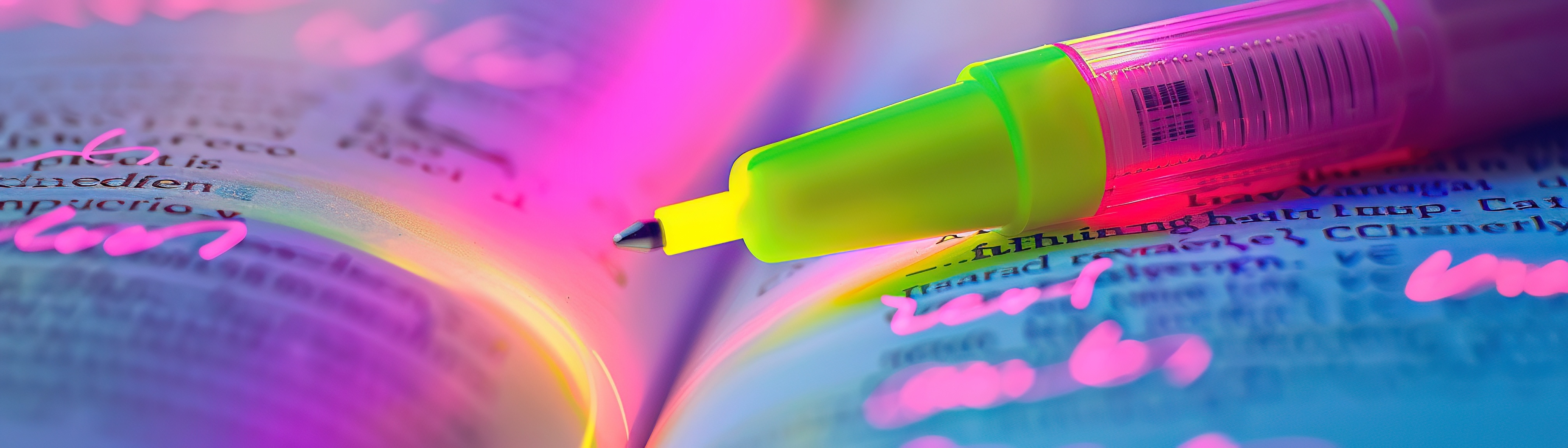 A highlighter pen poised above a textbook, ready to emphasize key points in a vibrant splash of color