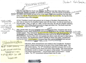 4 annotated paragraphs, with notes written in the margins, highlighted passages, and additional notes on a sticky note.