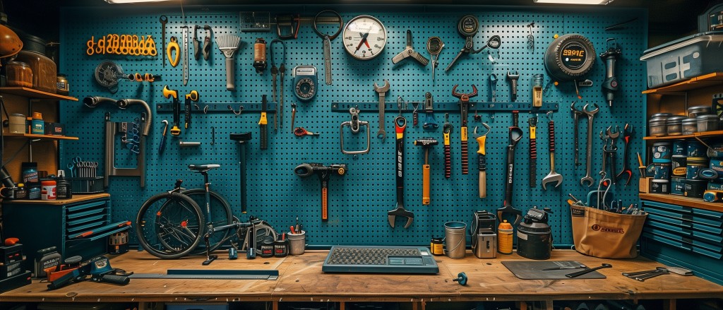 A substantial collection of tools organized on a peg board above a workbench