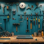 A substantial collection of tools organized on a peg board above a workbench