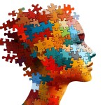 A head made up of multiple colored puzzle pieces. The head is open at the top and back