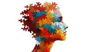 A head made up of multiple colored puzzle pieces. The head is open at the top and back