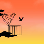 A drawing of a small bird being freed from a cage -- against a brigth orange and yellow background.